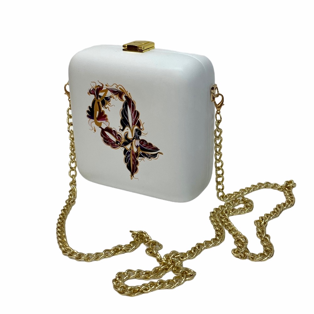 MP Wood Clutch with Gold Chain ivory white crossbody bag